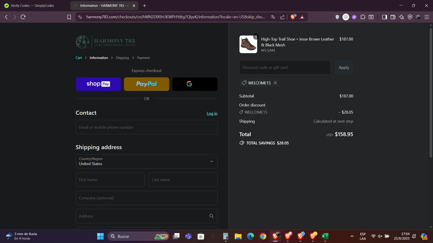 Harmony 783 discount code screenshot showing code WELCOME15 applied at Harmony 783 checkout page. Uploaded by SimplyCodes community member Caraxes on Aug 25, 2025