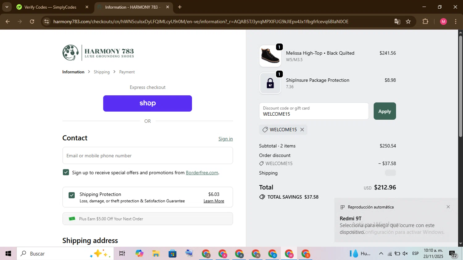 Harmony 783 discount code screenshot showing code WELCOME15 applied at Harmony 783 checkout page. Uploaded by SimplyCodes community member Chambeadoranonimo on Nov 23, 2025