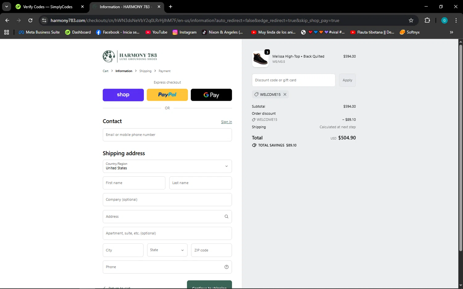 Harmony 783 discount code screenshot showing code WELCOME15 applied at Harmony 783 checkout page. Uploaded by SimplyCodes community member ELROJO on Oct 26, 2025
