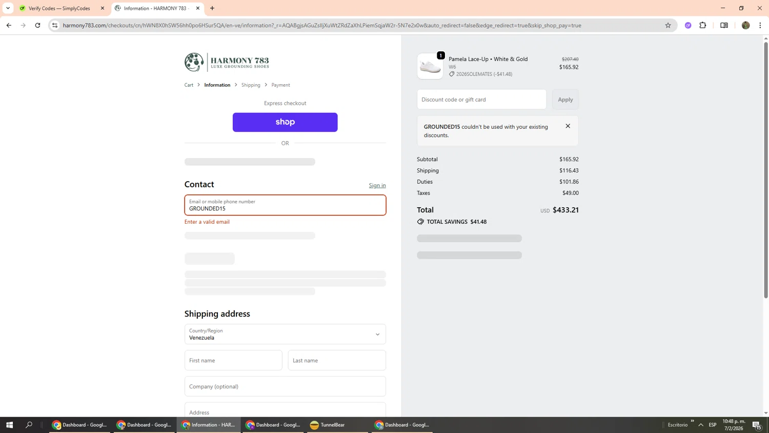 Harmony 783 discount code screenshot showing code GROUNDED15 applied at Harmony 783 checkout page. Uploaded by SimplyCodes community member Phoenix585 on Feb 8, 2026