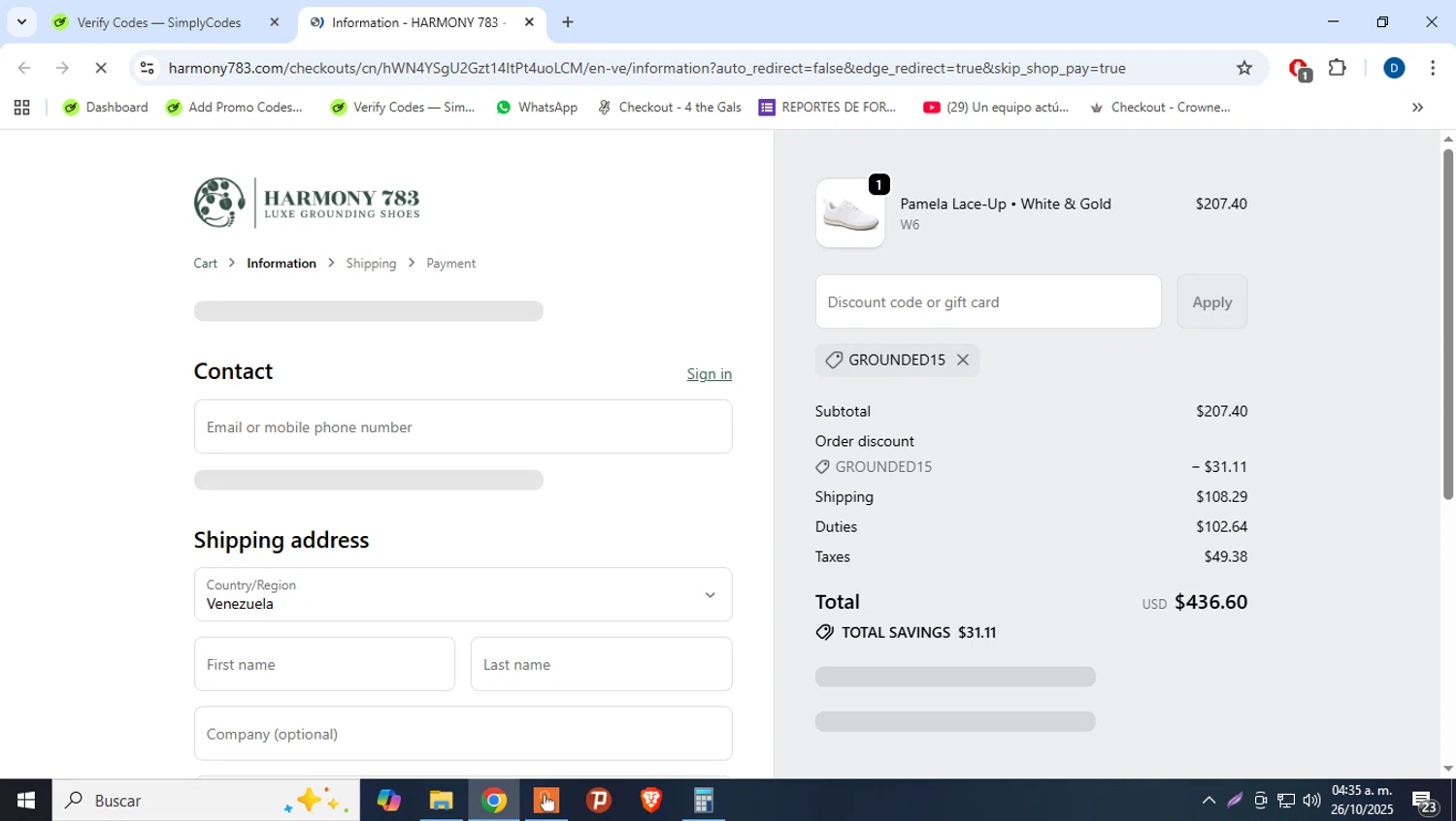 Harmony 783 discount code screenshot showing code GROUNDED15 applied at Harmony 783 checkout page. Uploaded by SimplyCodes community member danielgarcia1 on Oct 26, 2025