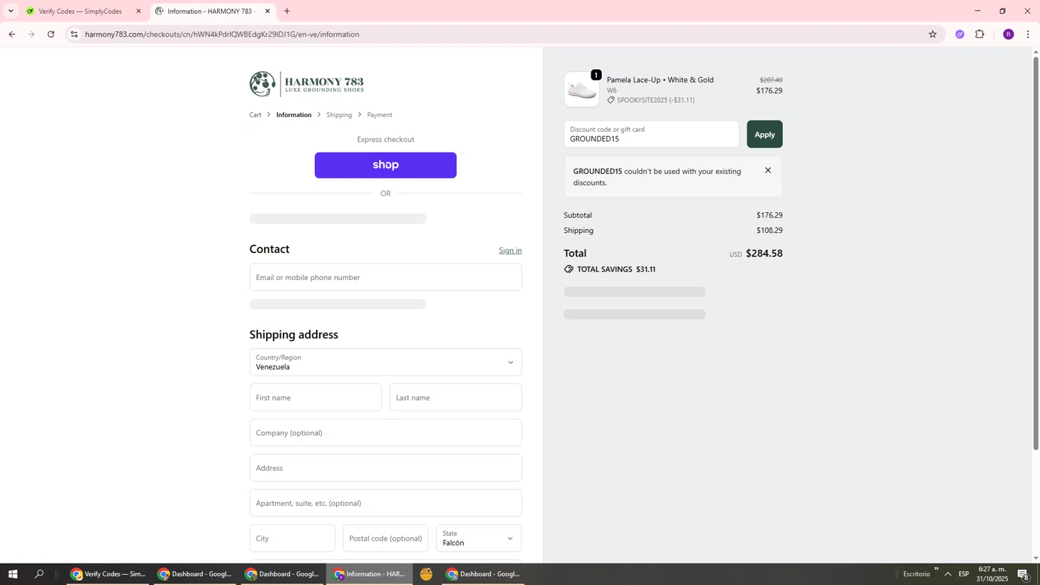 Harmony 783 discount code screenshot showing code GROUNDED15 applied at Harmony 783 checkout page. Uploaded by SimplyCodes community member ukemochi on Oct 31, 2025