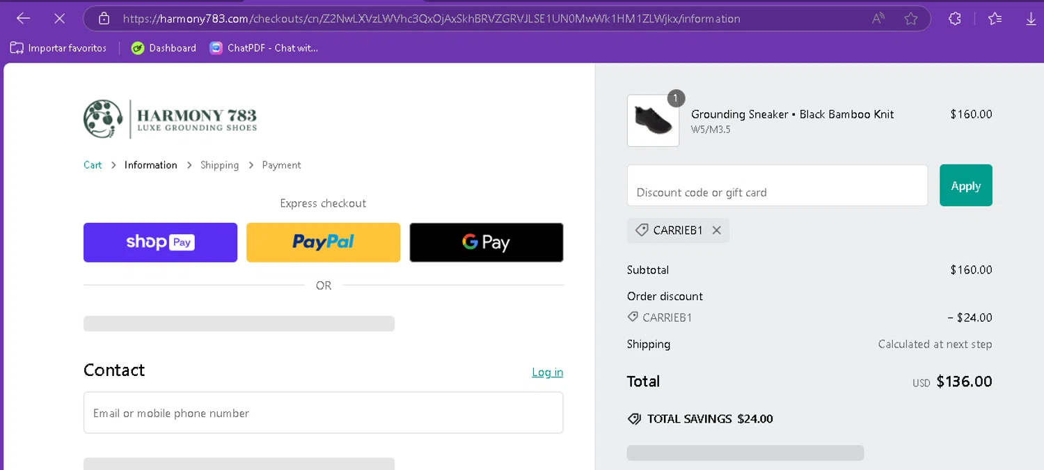 Harmony 783 discount code screenshot showing code CARRIEB1 applied at Harmony 783 checkout page. Uploaded by SimplyCodes community member FredoGodofredo on Jan 11, 2025