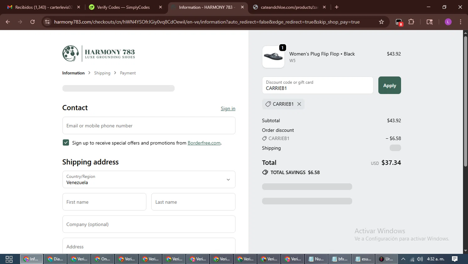 Harmony 783 discount code screenshot showing code CARRIEB1 applied at Harmony 783 checkout page. Uploaded by SimplyCodes community member RewardScout5160 on Oct 26, 2025