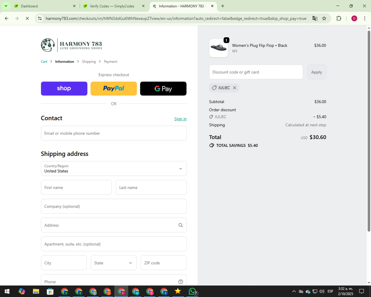 Harmony 783 discount code screenshot showing code JULIEC applied at Harmony 783 checkout page. Uploaded by SimplyCodes community member 000012 on Oct 2, 2025