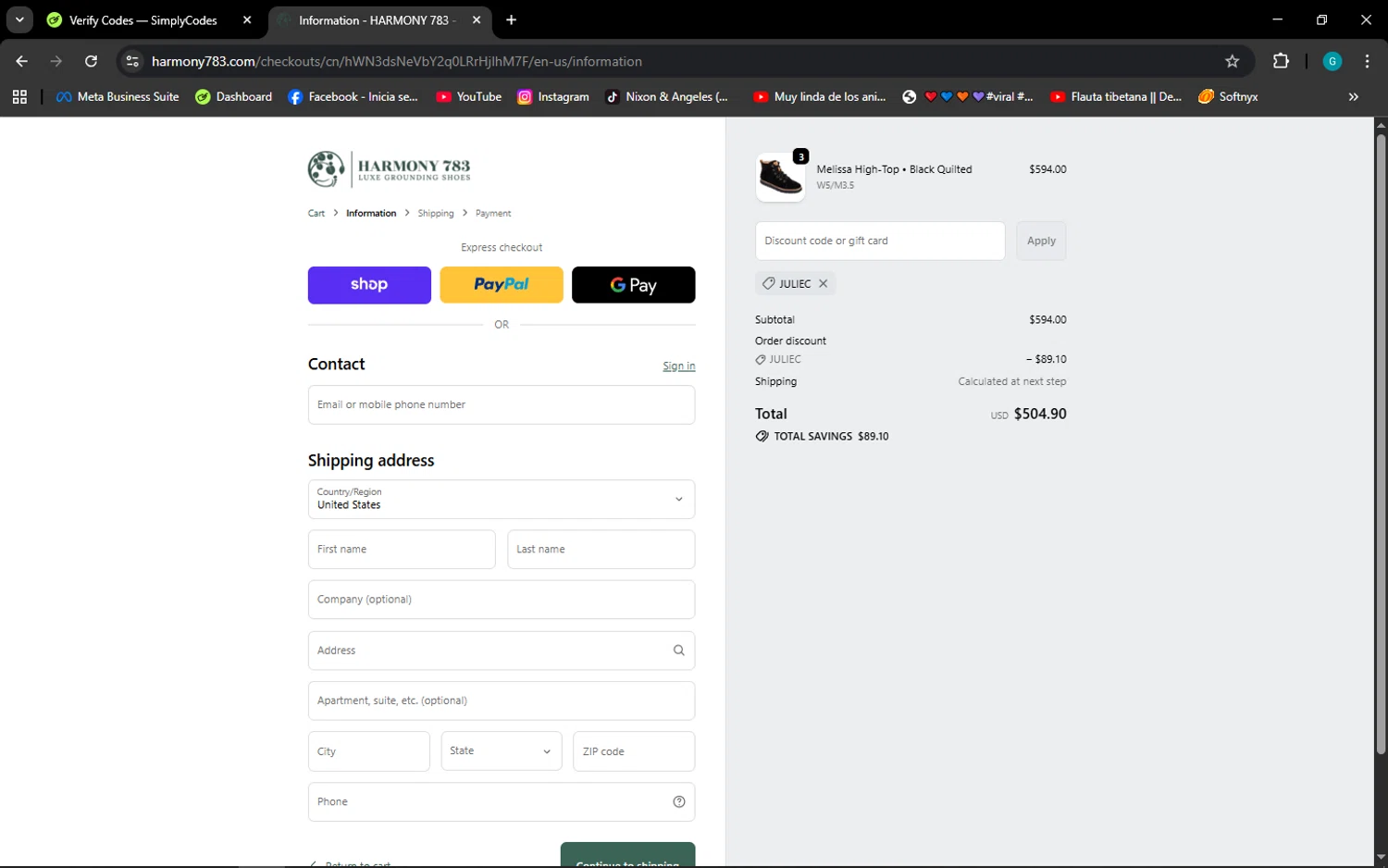 Harmony 783 discount code screenshot showing code JULIEC applied at Harmony 783 checkout page. Uploaded by SimplyCodes community member ELROJO on Oct 26, 2025