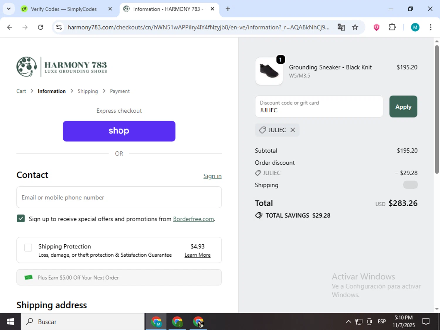 Harmony 783 discount code screenshot showing code JULIEC applied at Harmony 783 checkout page. Uploaded by SimplyCodes community member estrellaveloz on Nov 7, 2025