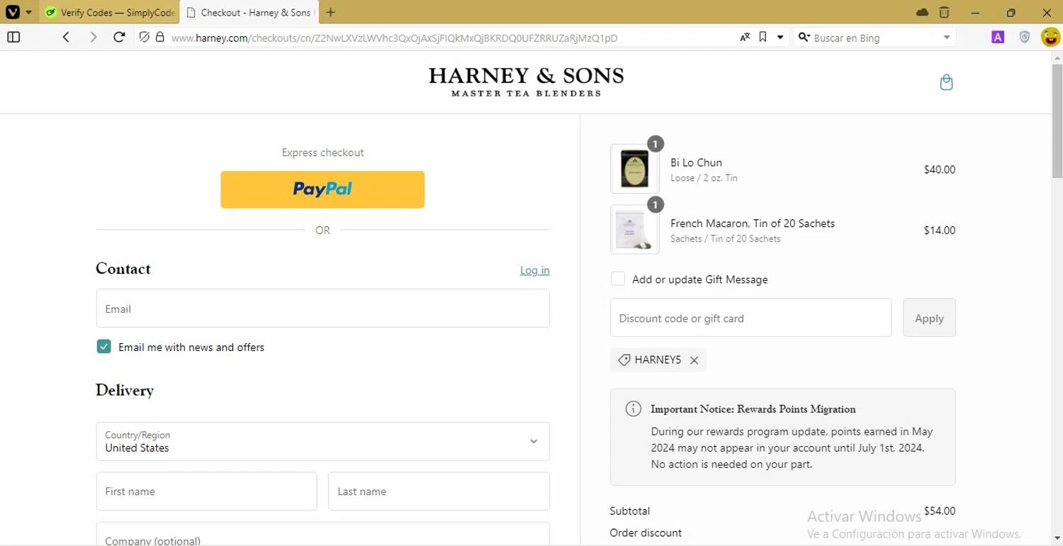 where to use Harney & Sons promo code box