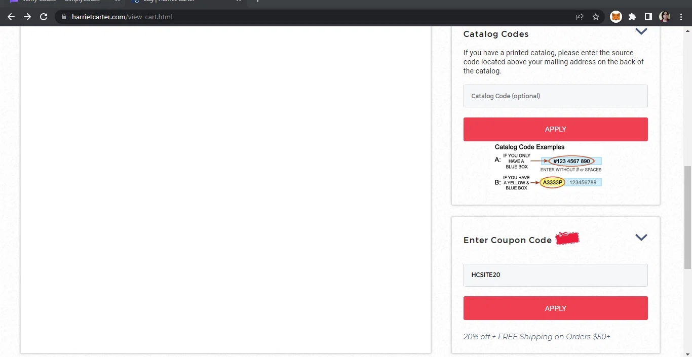 Harriet Carter Gifts checkout page showing Harriet Carter Gifts promo code box | Screenshot taken by SimplyCodes community member on Apr 28, 2023
