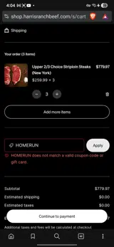 Harris Ranch Beef coupon verification screenshot