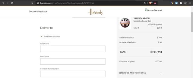 Harrods checkout page showing Harrods promo code box | Screenshot taken by SimplyCodes community member on Jan 16, 2021