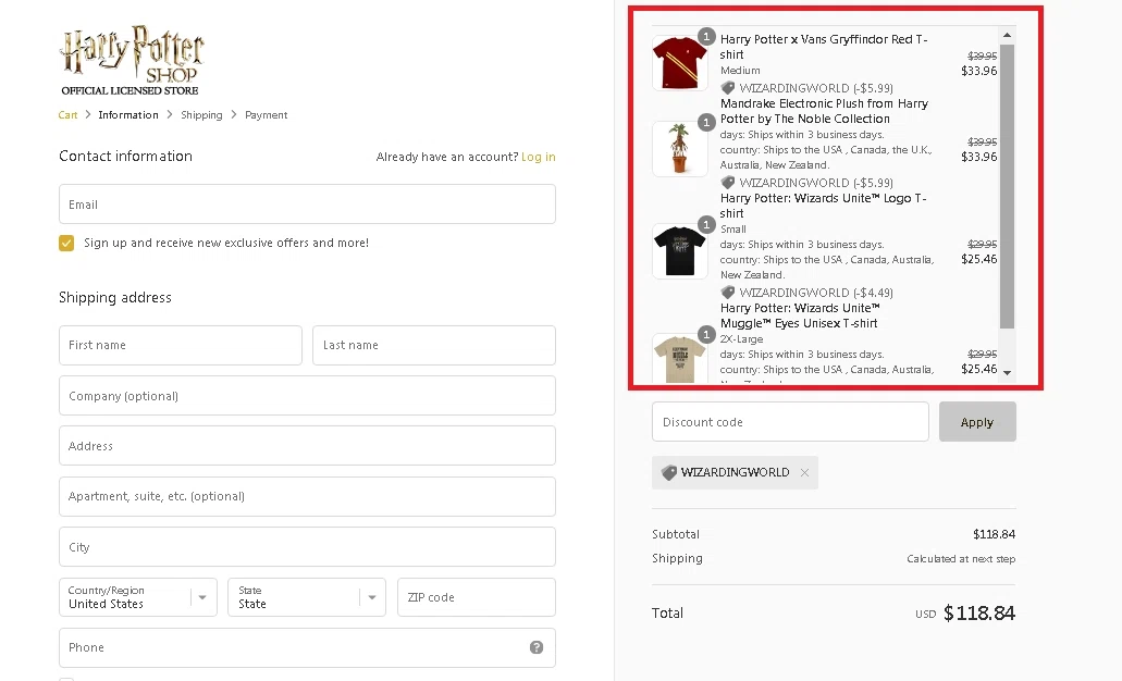 where to use Harry Potter Shop promo code box