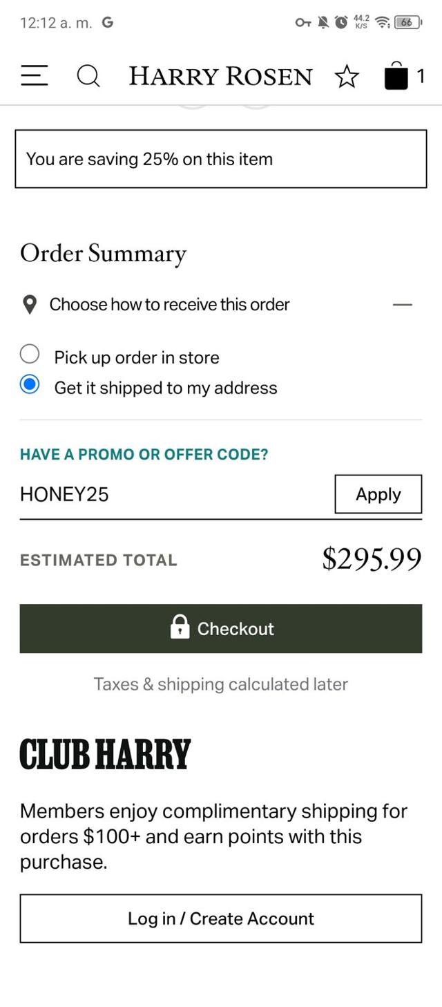 Harry Rosen checkout page showing Harry Rosen promo code box | Screenshot taken by SimplyCodes community member on Oct 13, 2024