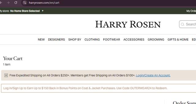 Harry Rosen checkout page showing Harry Rosen promo code box | Screenshot taken by SimplyCodes community member on Oct 25, 2024