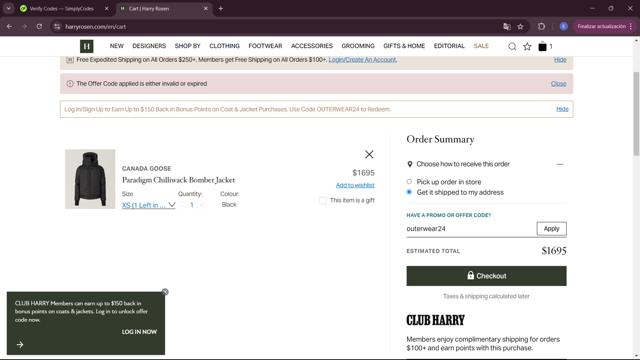 Harry Rosen checkout page showing Harry Rosen promo code box | Screenshot taken by SimplyCodes community member on Oct 25, 2024