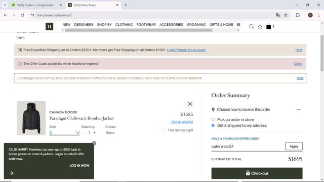 Harry Rosen checkout page showing Harry Rosen promo code box | Screenshot taken by SimplyCodes community member on Oct 25, 2024