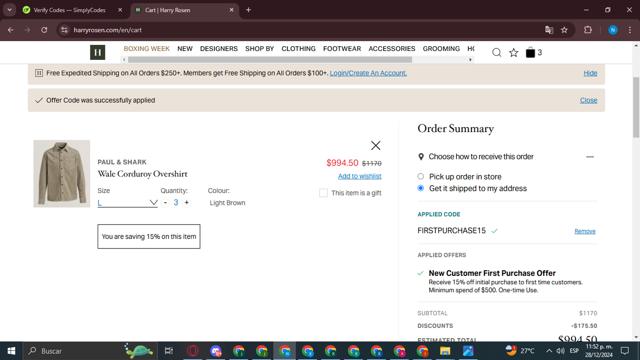 Harry Rosen checkout page showing Harry Rosen promo code box | Screenshot taken by SimplyCodes community member on Dec 29, 2024