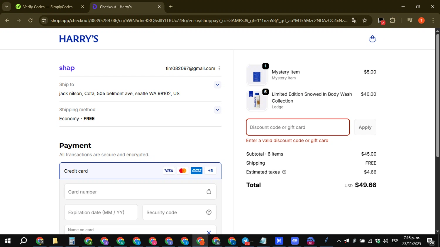 Harry's coupon code screenshot showing code HANY applied at Harry's checkout page. Uploaded by SimplyCodes community member ShrewdAce8338 on Nov 23, 2025