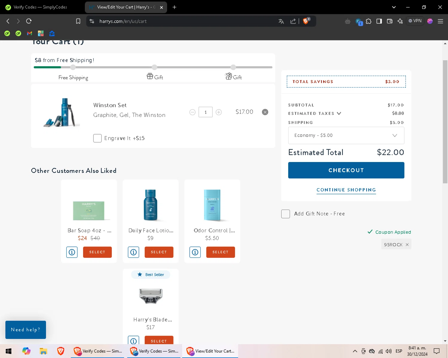 Harry's coupon code screenshot showing code 95ROCK applied at Harry's checkout page. Uploaded by SimplyCodes community member GoldTitan3473 on Dec 30, 2024