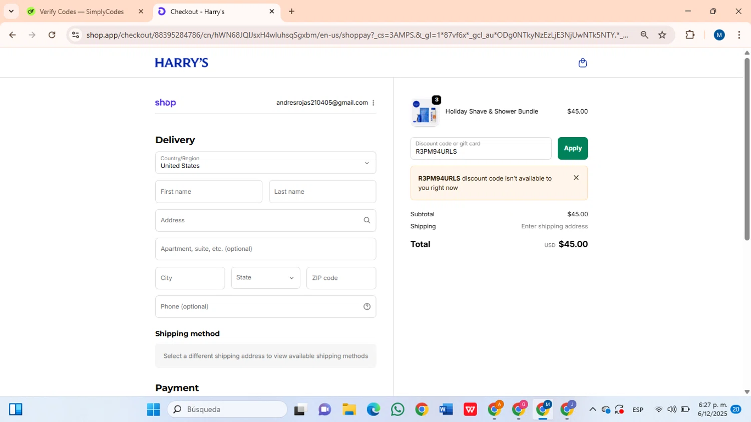 Harry's coupon code screenshot showing code R3PM94URLS applied at Harry's checkout page. Uploaded by SimplyCodes community member BrilliantLion8135 on Dec 6, 2025