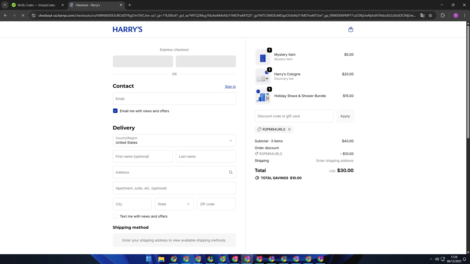Harry's coupon code screenshot showing code R3PM94URLS applied at Harry's checkout page. Uploaded by SimplyCodes community member ShrewdSleuth9497 on Dec 6, 2025