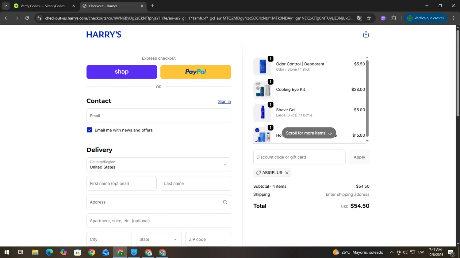 Harry's coupon code screenshot showing code ABIGPLUS applied at Harry's checkout page. Uploaded by SimplyCodes community member GoldScout9735 on Dec 8, 2025