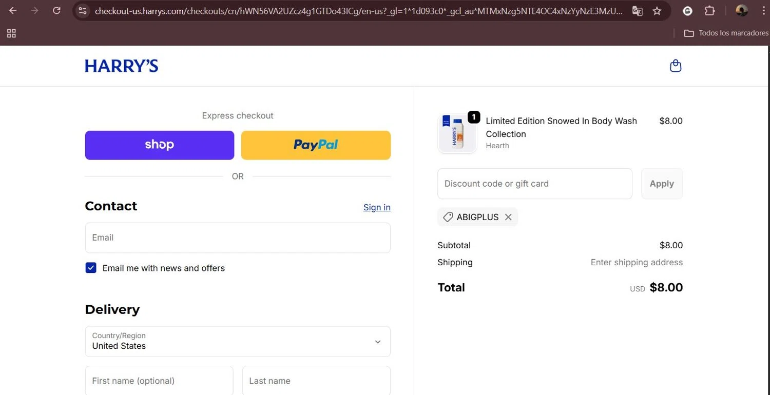 Harry's coupon code screenshot showing code ABIGPLUS applied at Harry's checkout page. Uploaded by SimplyCodes community member Milaya on Nov 9, 2025