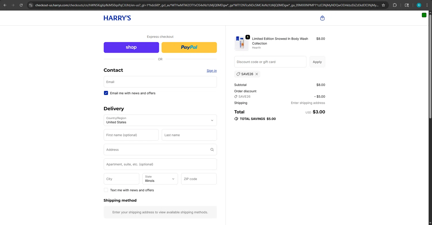 Harry's coupon code screenshot showing code SAVE26 applied at Harry's checkout page. Uploaded by SimplyCodes community member RINITOSHI on Nov 15, 2025