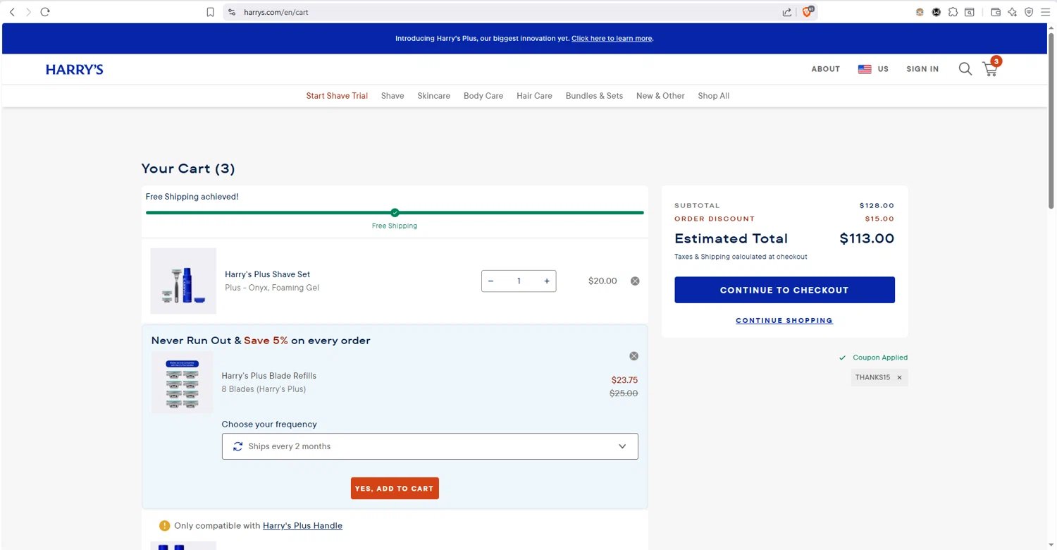 Harry's checkout page showing Harry's coupon code box | Screenshot taken by SimplyCodes community member on Feb 1, 2026