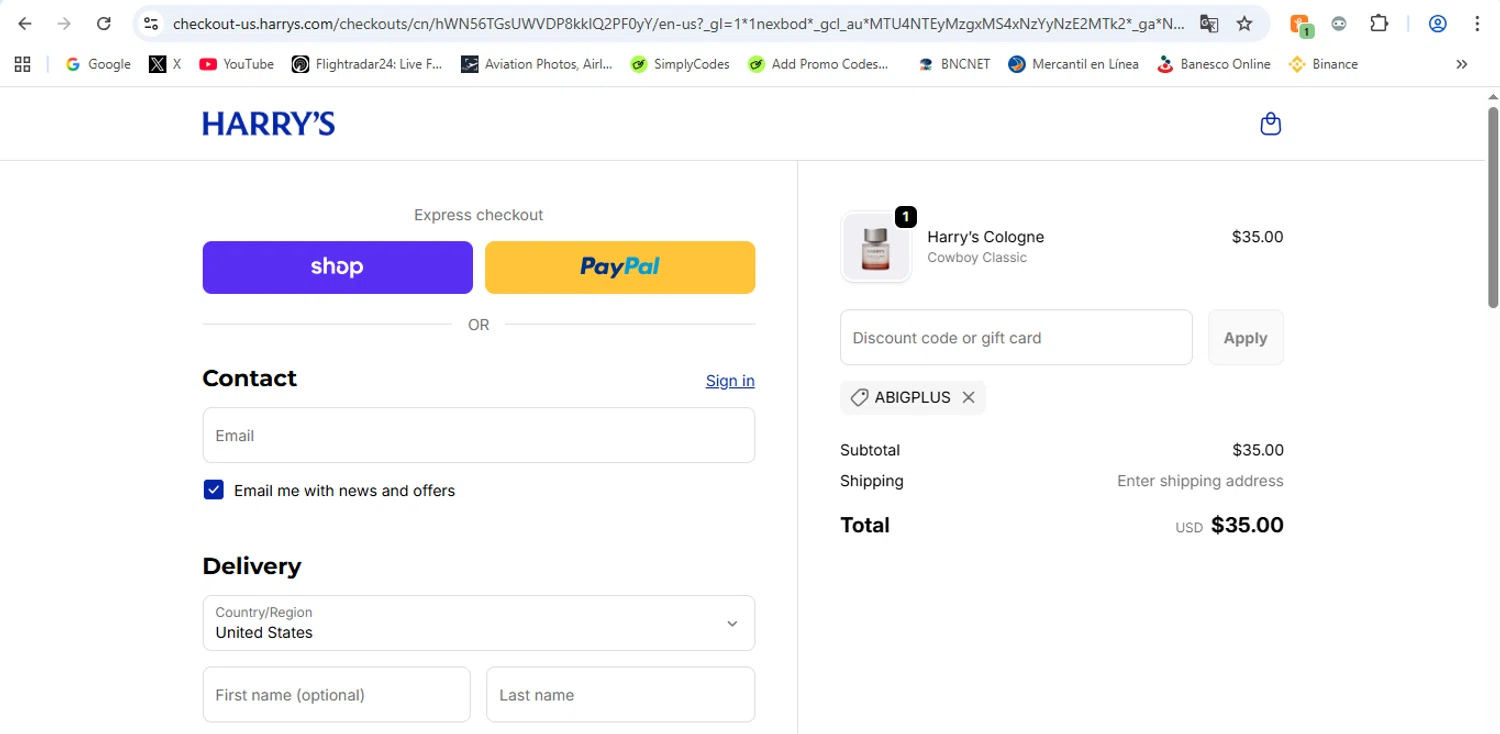 Harry's coupon code screenshot showing code ABIGPLUS applied at Harry's checkout page. Uploaded by SimplyCodes community member victor on Nov 9, 2025