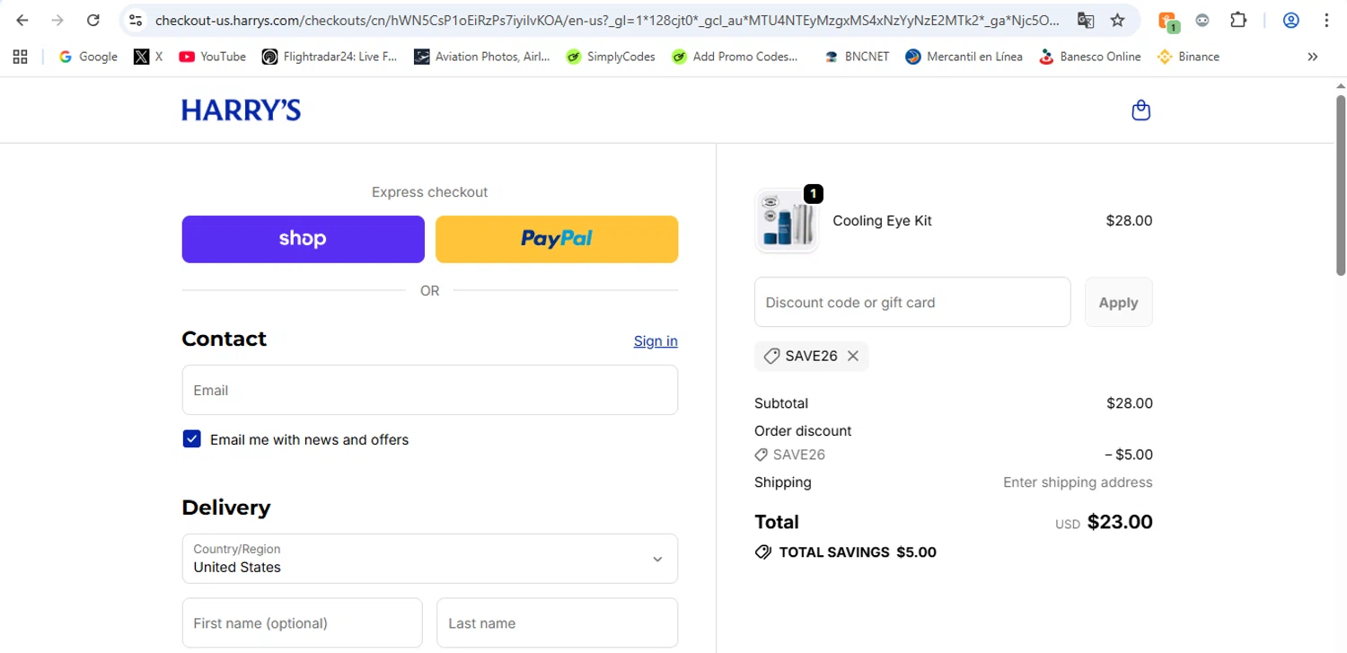Harry's coupon code screenshot showing code SAVE26 applied at Harry's checkout page. Uploaded by SimplyCodes community member victor on Nov 12, 2025