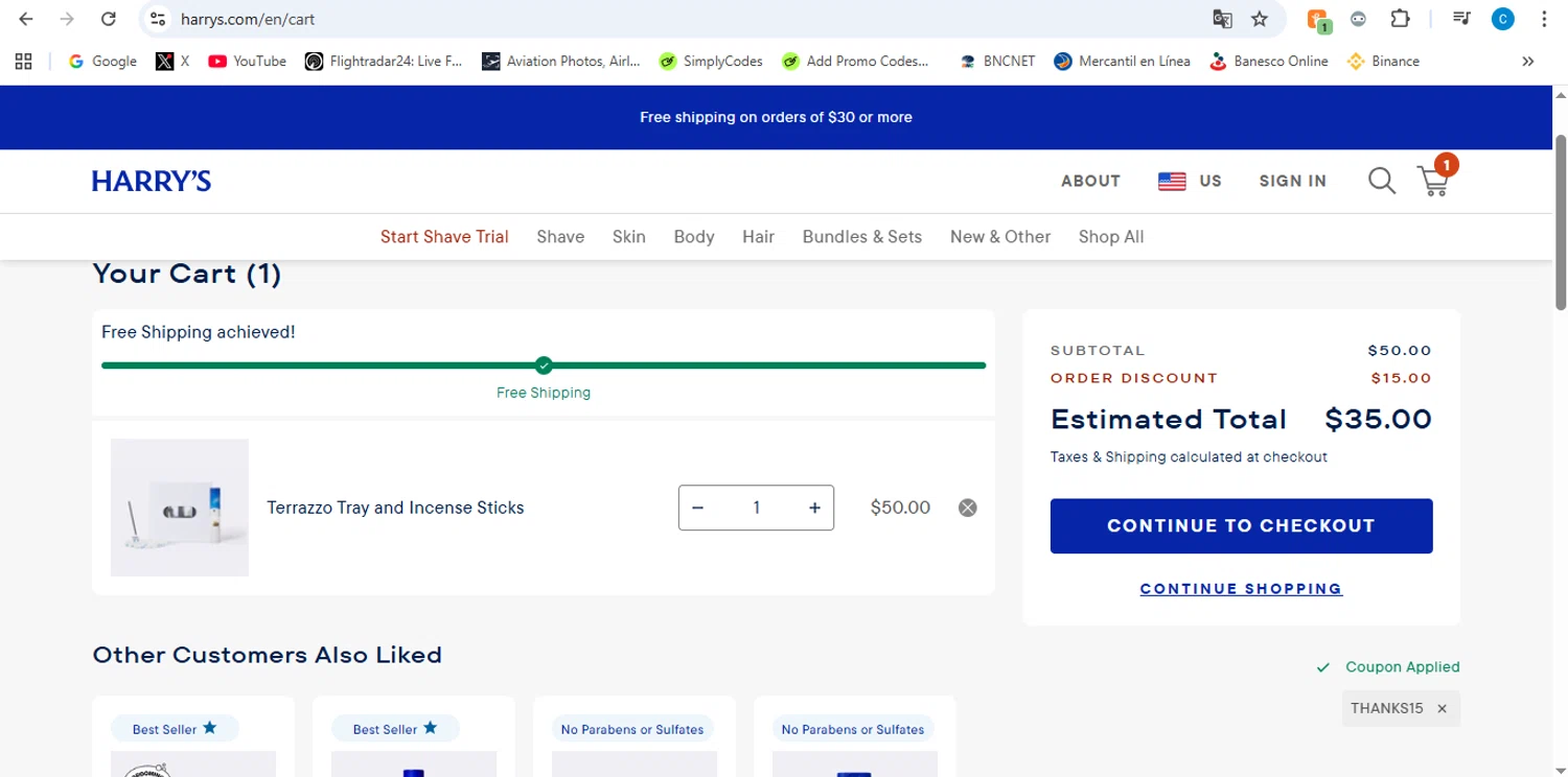 Harry's promo code screenshot showing code THANKS15 applied at Harry's checkout page. Uploaded by SimplyCodes community member victor on Mar 13, 2026