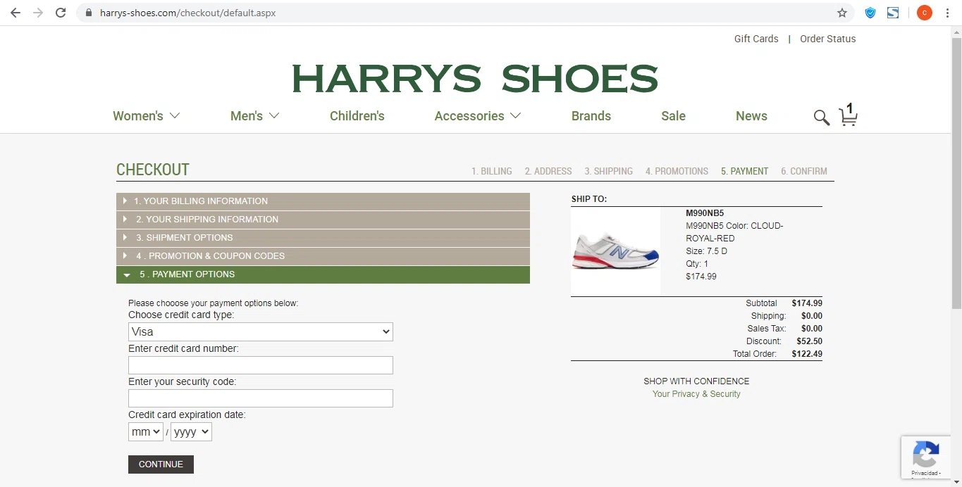 Harry's Shoes checkout page showing Harry's Shoes coupon code box | Screenshot taken by SimplyCodes community member on May 31, 2020