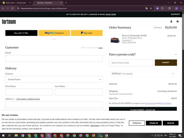 Hartmann checkout page showing Hartmann coupon code box | Screenshot taken by SimplyCodes community member on Jul 22, 2025