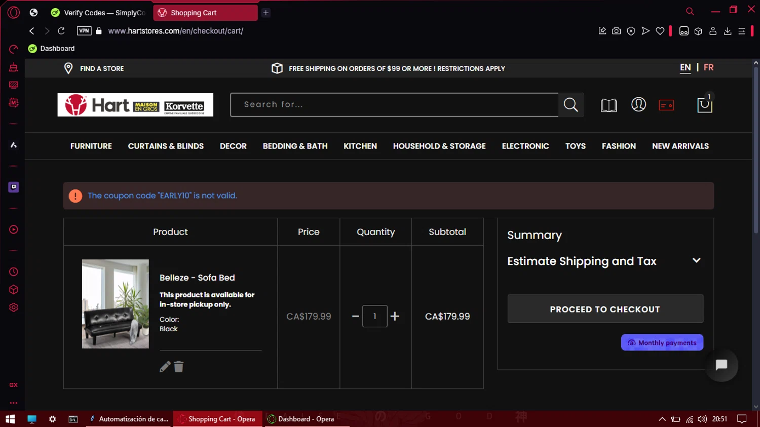 Hart Stores promo code screenshot showing code EARLY10 applied at Hart Stores checkout page. Uploaded by SimplyCodes community member Eliott on Apr 20, 2025