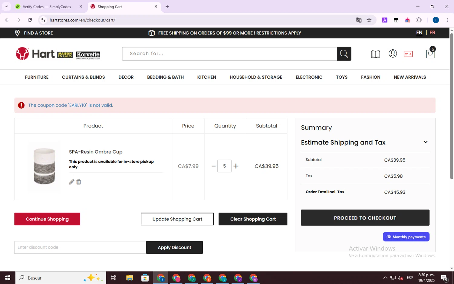 Hart Stores promo code screenshot showing code EARLY10 applied at Hart Stores checkout page. Uploaded by SimplyCodes community member WonderVirtuoso7677 on Apr 20, 2025