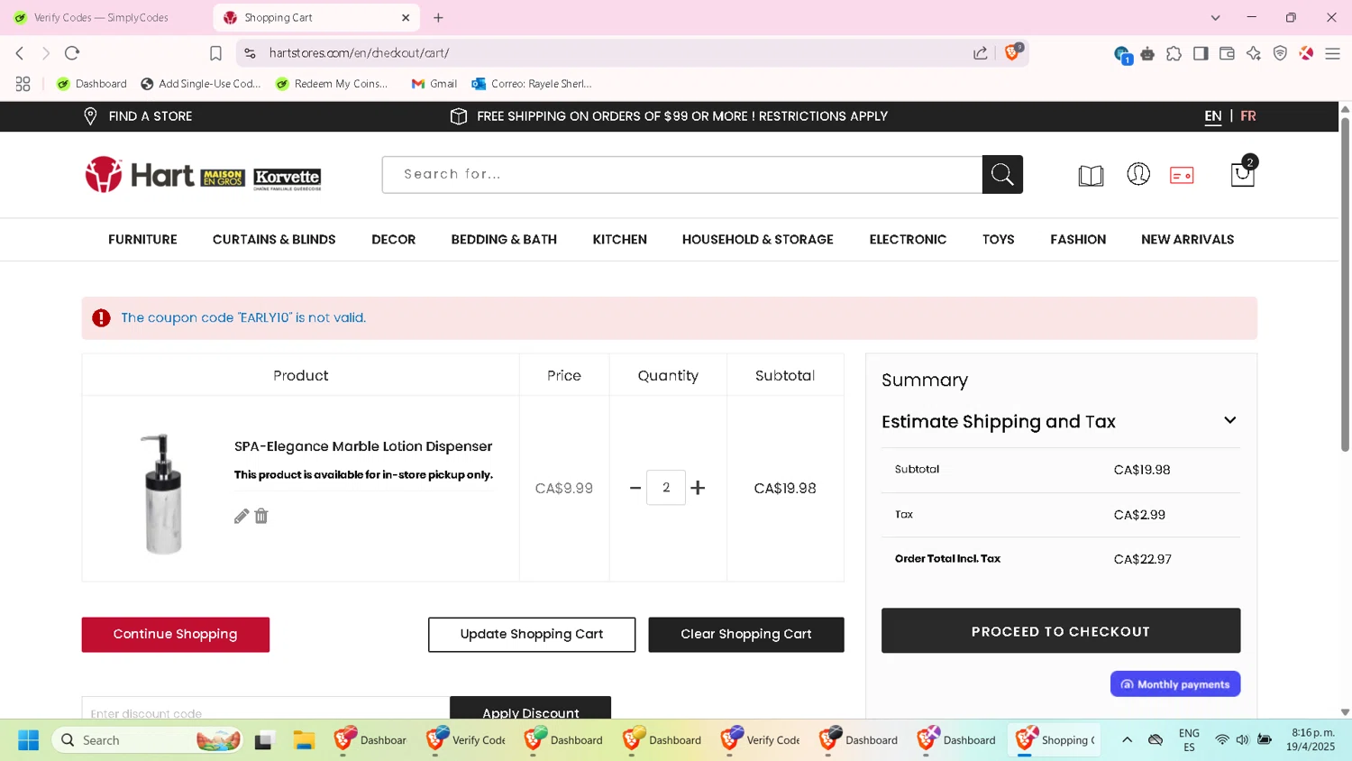 Hart Stores promo code screenshot showing code EARLY10 applied at Hart Stores checkout page. Uploaded by SimplyCodes community member FortunatePilot9624 on Apr 20, 2025