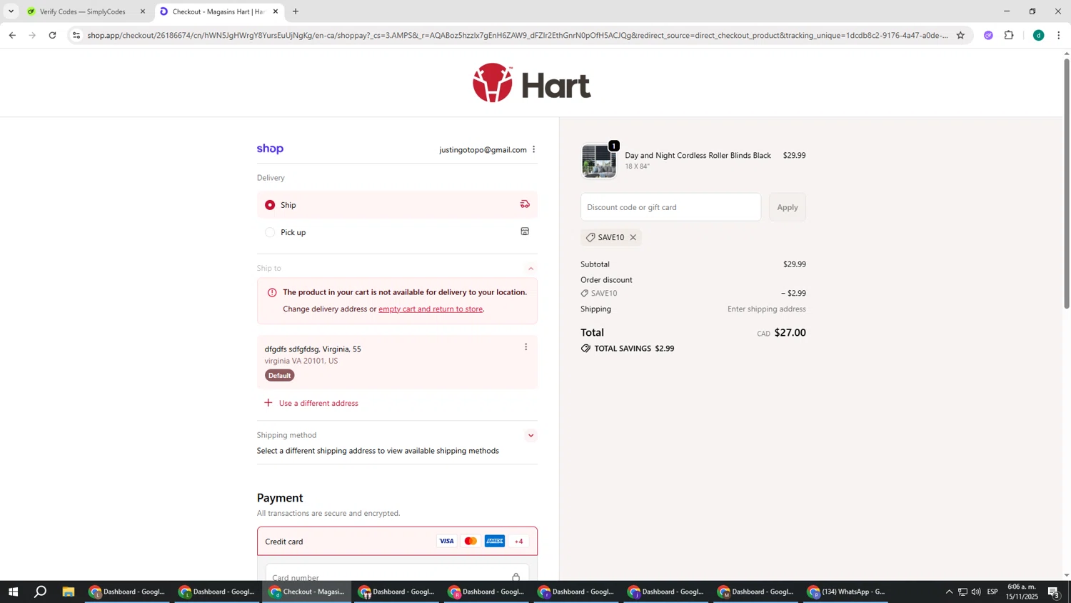 Hart Stores promo code screenshot showing code SAVE10 applied at Hart Stores checkout page. Uploaded by SimplyCodes community member HEROESCUDA on Nov 15, 2025
