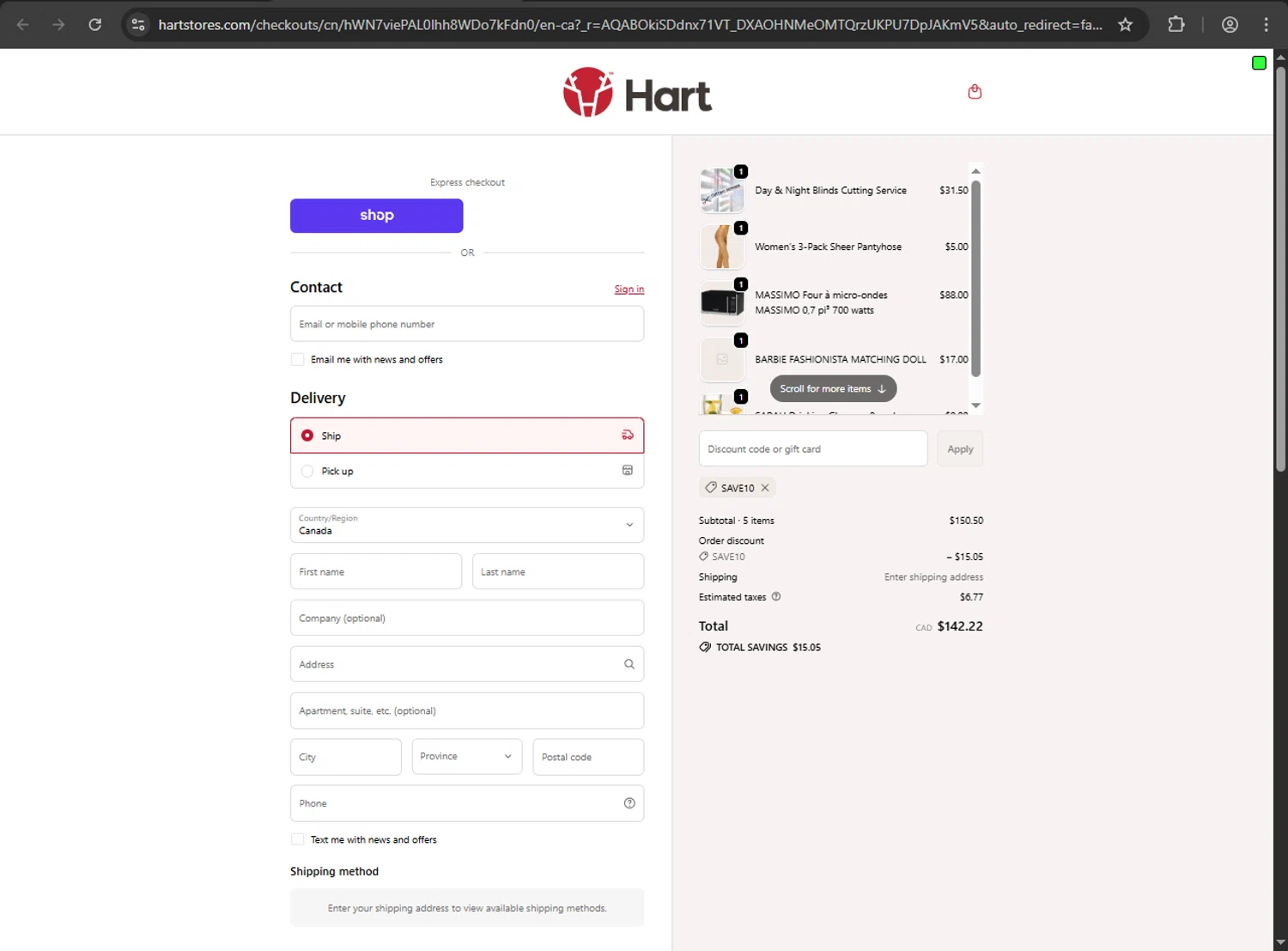 Hart Stores promo code screenshot showing code SAVE10 applied at Hart Stores checkout page. Uploaded by SimplyCodes community member ShrewdDefender8496 on Jan 23, 2026