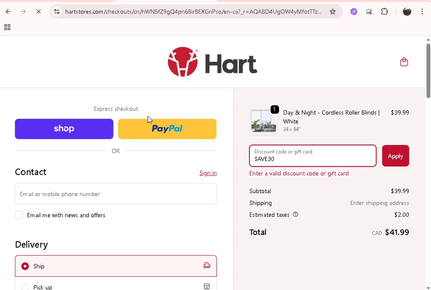 Hart Stores promo code screenshot showing code SAVE30 applied at Hart Stores checkout page. Uploaded by SimplyCodes community member onebullet on Nov 24, 2025