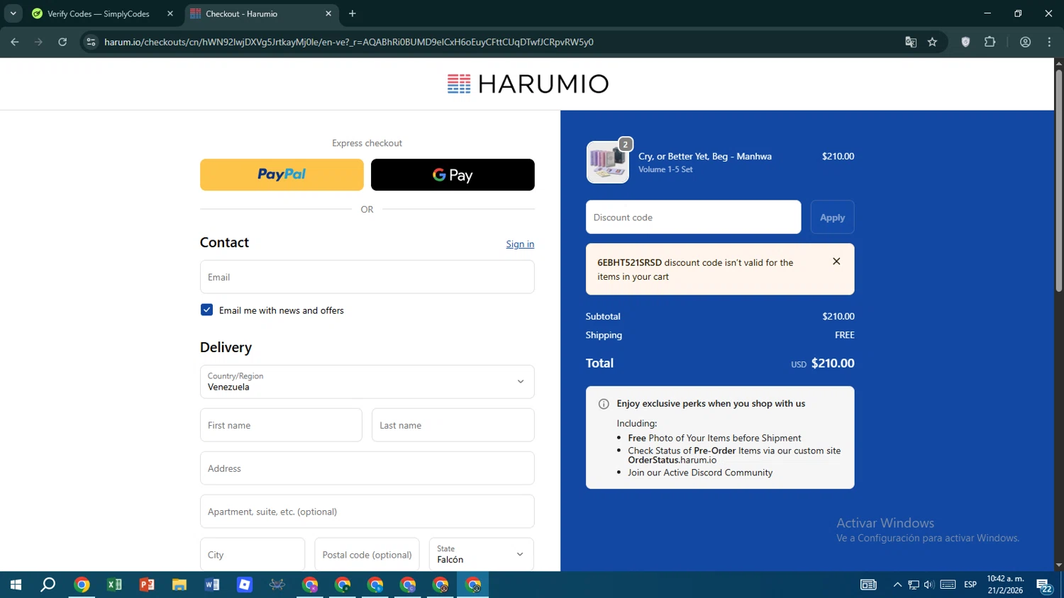 Harumio promo code screenshot showing code 6EBHT521SRSD applied at Harumio checkout page. Uploaded by SimplyCodes community member maraxo on Feb 21, 2026