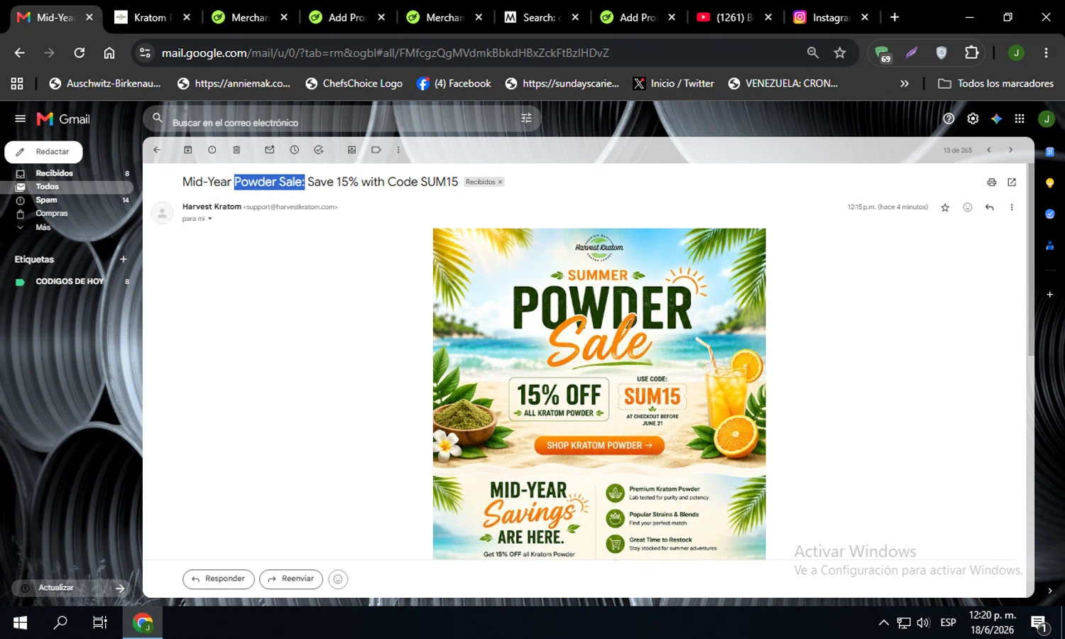 Harvest Kratom promo code screenshot showing code SUM15 applied at Harvest Kratom checkout page. Uploaded by SimplyCodes community member Codehunter on Jun 18, 2026