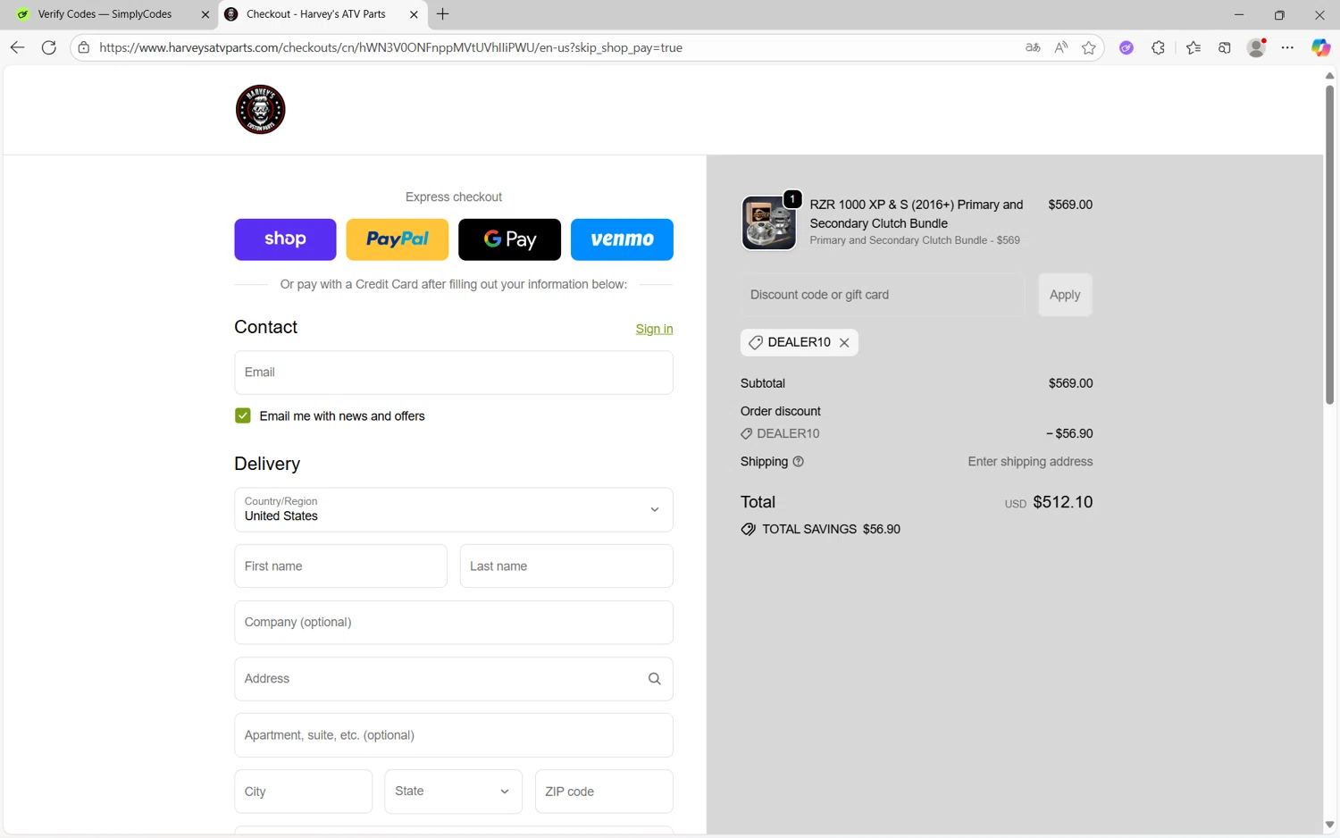 Harvey's ATV Parts discount code screenshot showing code DEALER10 applied at Harvey's ATV Parts checkout page. Uploaded by SimplyCodes community member juanx1702 on Sep 28, 2025