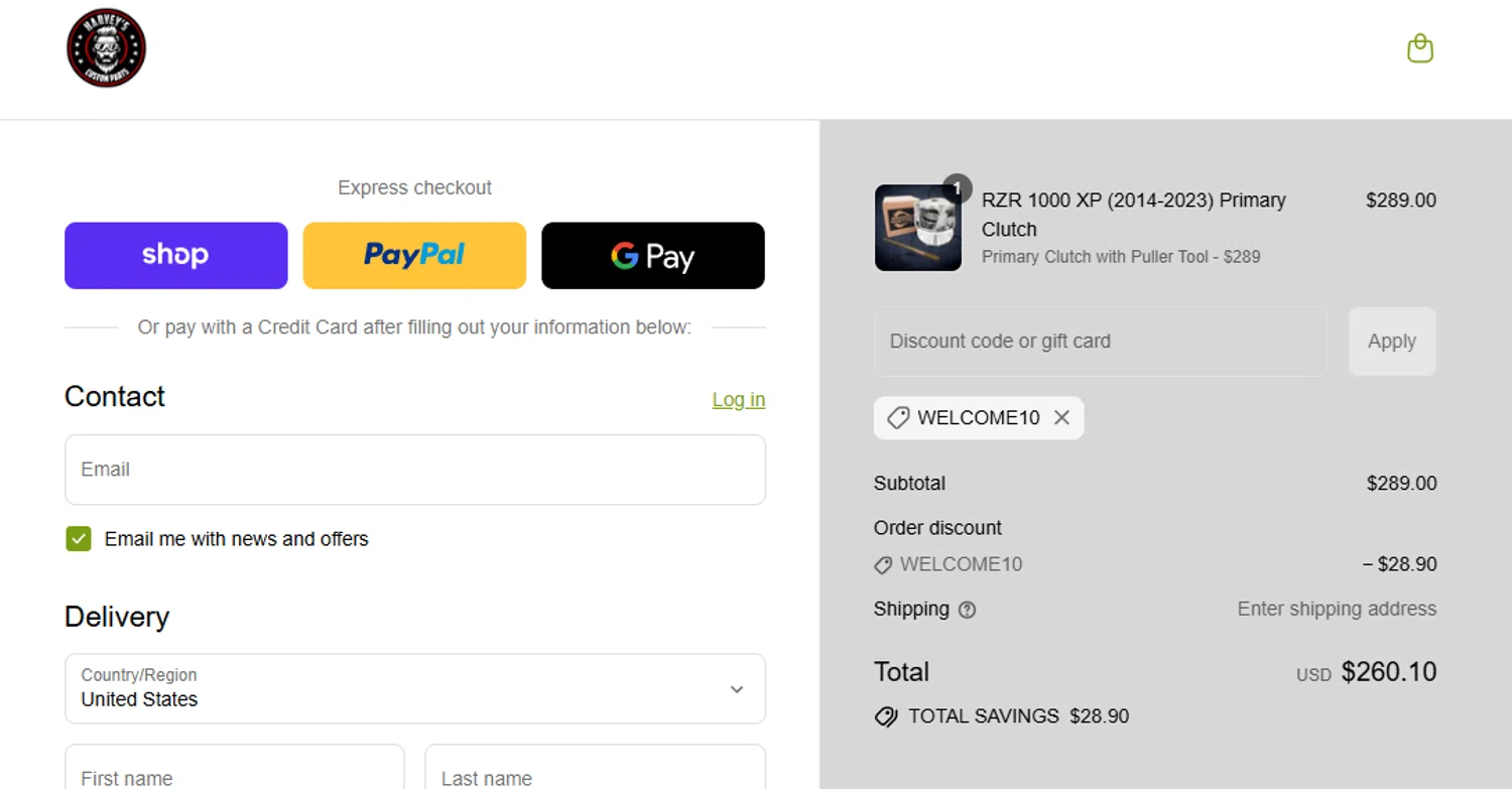 Harvey's ATV Parts discount code screenshot showing code WELCOME10 applied at Harvey's ATV Parts checkout page. Uploaded by SimplyCodes community member aumentadax10 on Aug 30, 2025