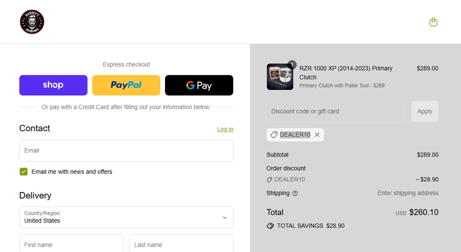 Harvey's ATV Parts discount code screenshot showing code DEALER10 applied at Harvey's ATV Parts checkout page. Uploaded by SimplyCodes community member aumentadax10 on Aug 30, 2025
