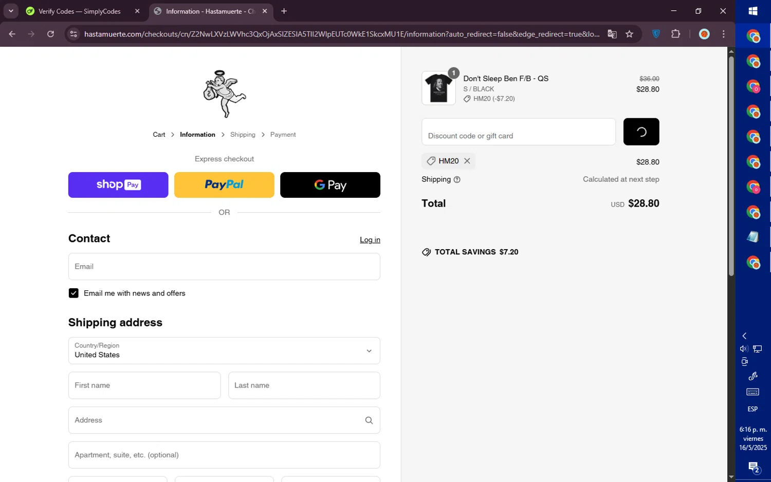Hastamuerte discount code screenshot showing code HM20 applied at Hastamuerte checkout page. Uploaded by SimplyCodes community member PromoVoyager8446 on May 16, 2025