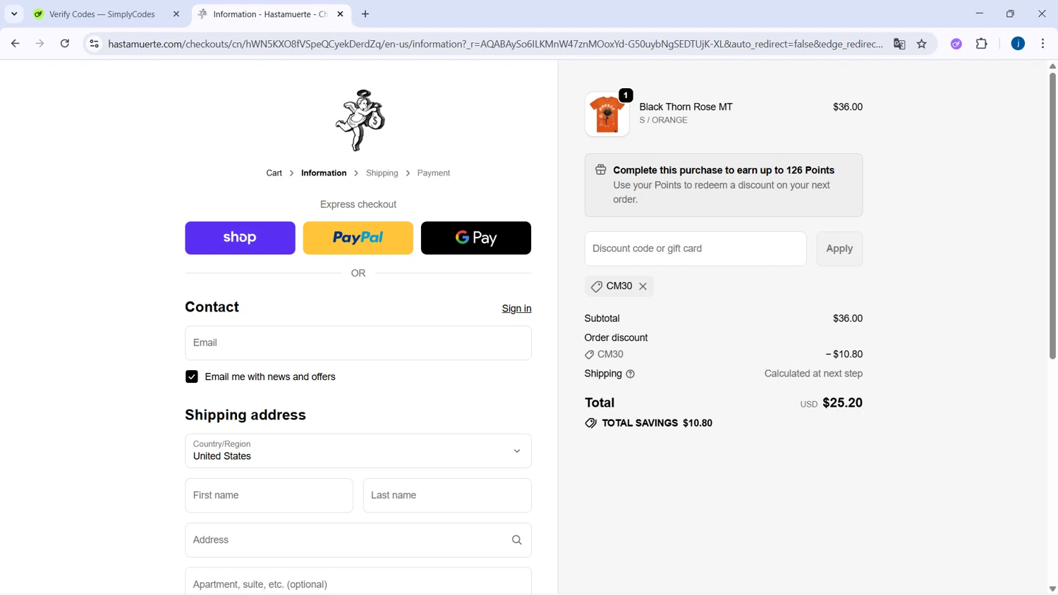 Hastamuerte discount code screenshot showing code CM30 applied at Hastamuerte checkout page. Uploaded by SimplyCodes community member CodeSaver4373 on Nov 15, 2025