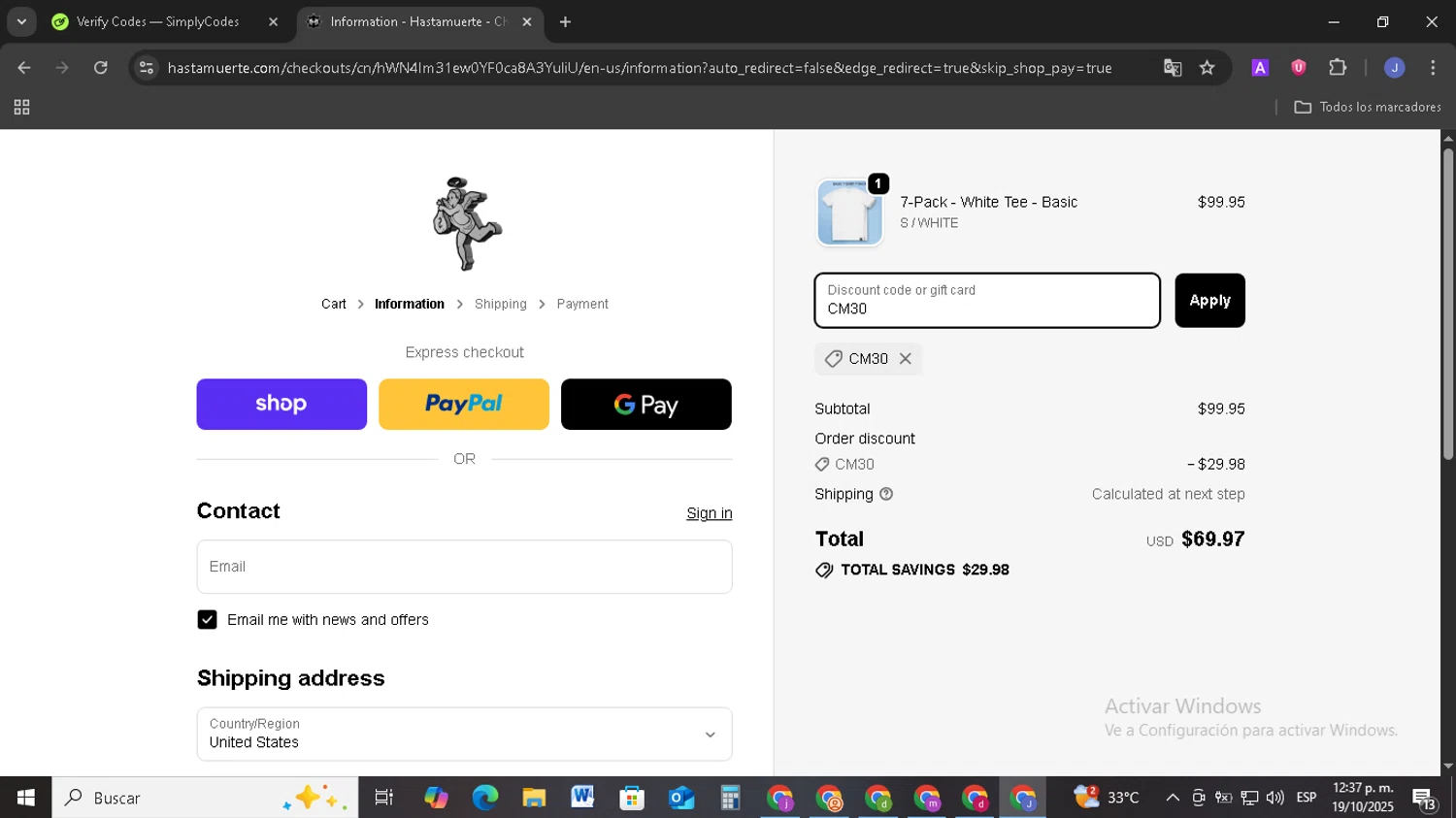 Hastamuerte discount code screenshot showing code CM30 applied at Hastamuerte checkout page. Uploaded by SimplyCodes community member EpicSage3474 on Oct 19, 2025