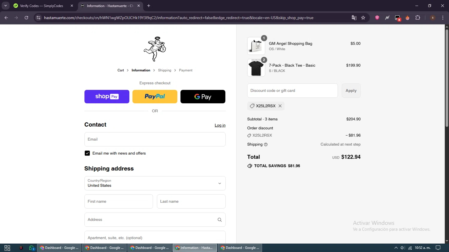 Hastamuerte discount code screenshot showing code X25L2RSX applied at Hastamuerte checkout page. Uploaded by SimplyCodes community member GoldSentinel1426 on Aug 18, 2025