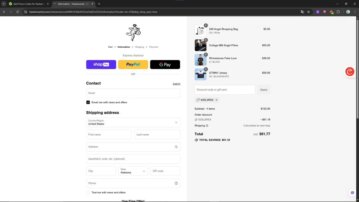 Hastamuerte discount code screenshot showing code X25L2RSX applied at Hastamuerte checkout page. Uploaded by SimplyCodes community member NobleScholar188 on Aug 1, 2025